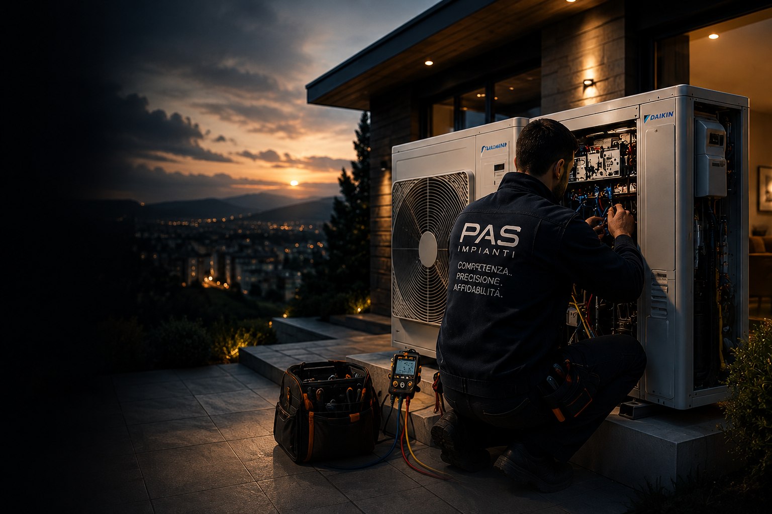 Tecnico PAS Impianti al lavoro sull'unità esterna di un climatizzatore, al tramonto